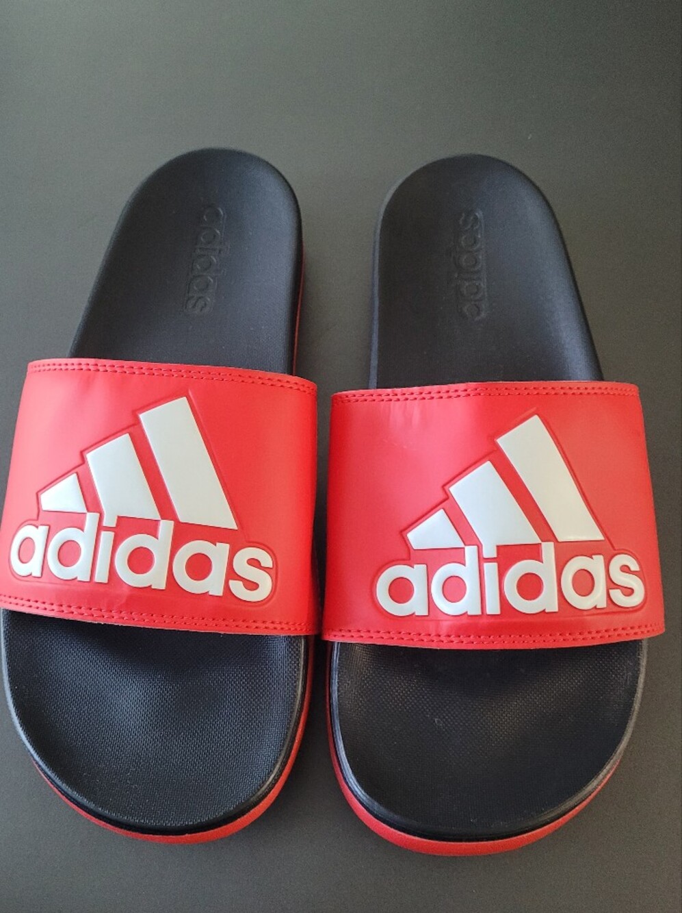Womens Adidas Adilette Comfort Slides In black, red and white. Size 9 NWOB